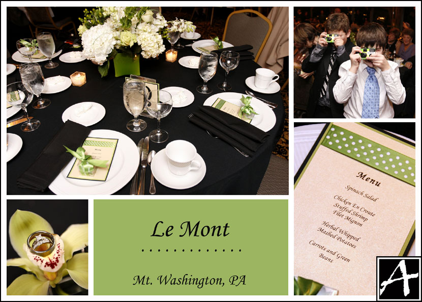 The setting was elegant with black table coverings and lime green accents